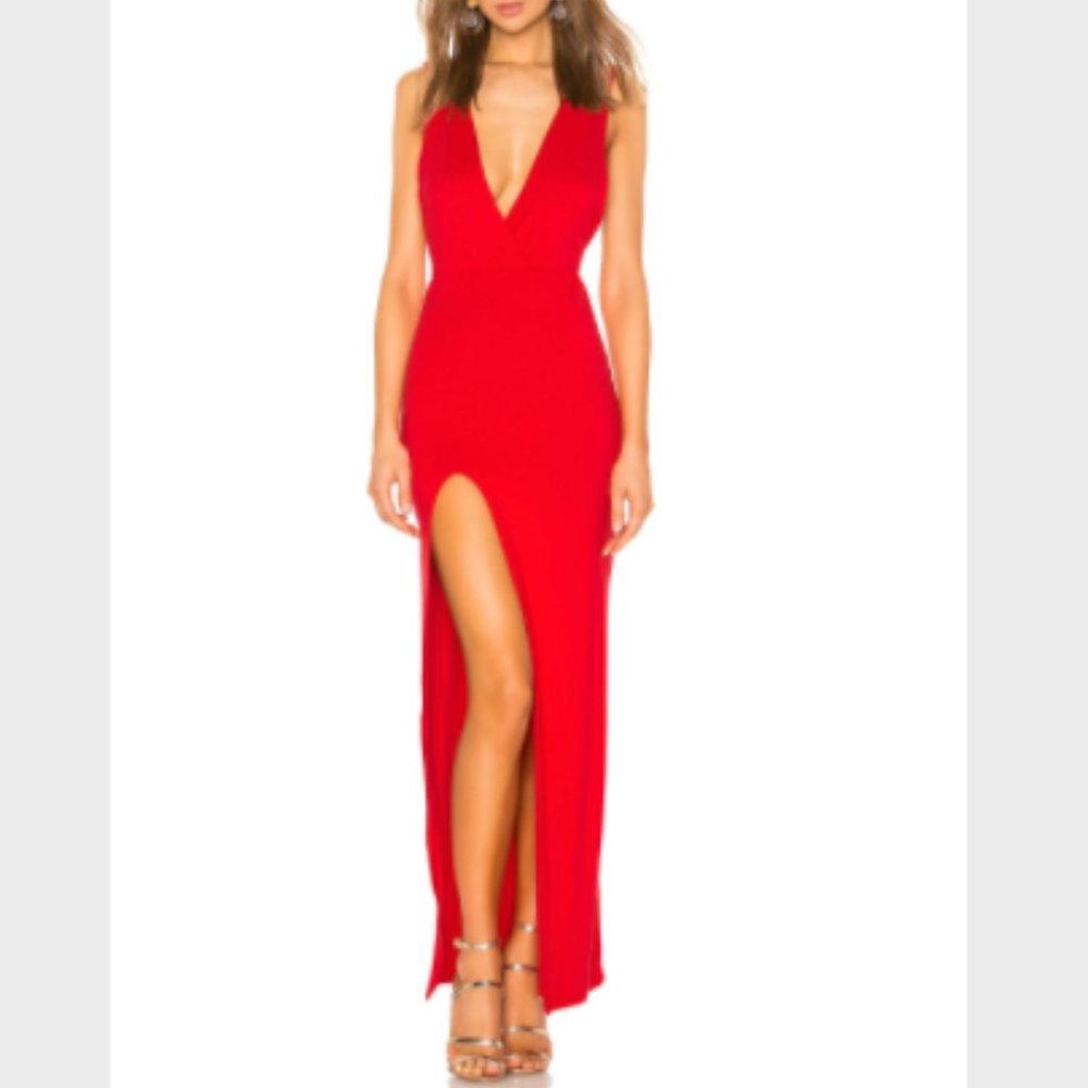 Superdown Red Long Erika Deep V Neck Jersey Dress